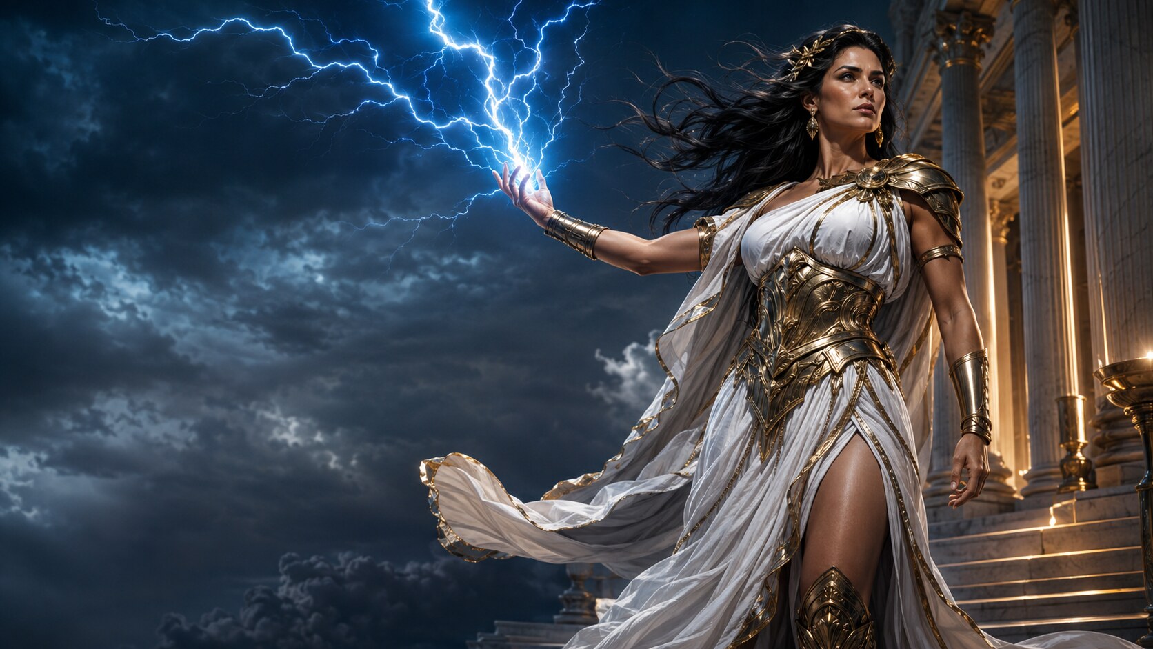 Zeus wanita dewasa mengendalikan petir di kuil modern